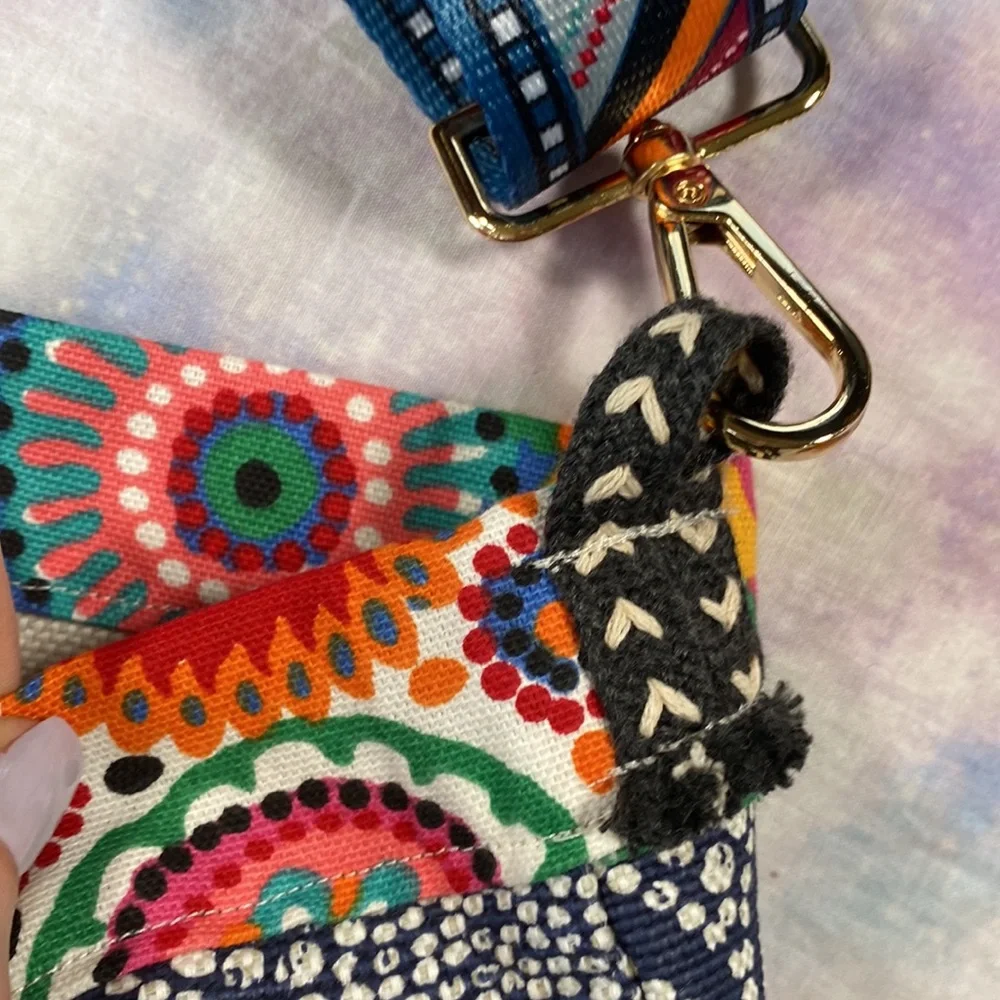 Kimbleberries • Boho Mixed Print Pom Pom Crossbody Canvas Bag